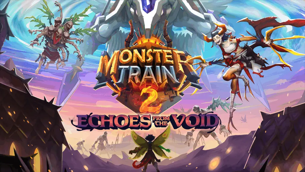 Monster Train 2 Echoes From the Void key art, showing menacing new bosses in a fiery, fantastical setting.