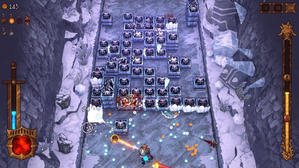 A horde of enemies in an ice level in Ball X Pit.