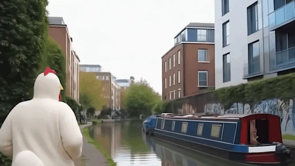 An AI-generated man in a chicken suit runs down a canal in Google DeepMind's Genie 3 software.