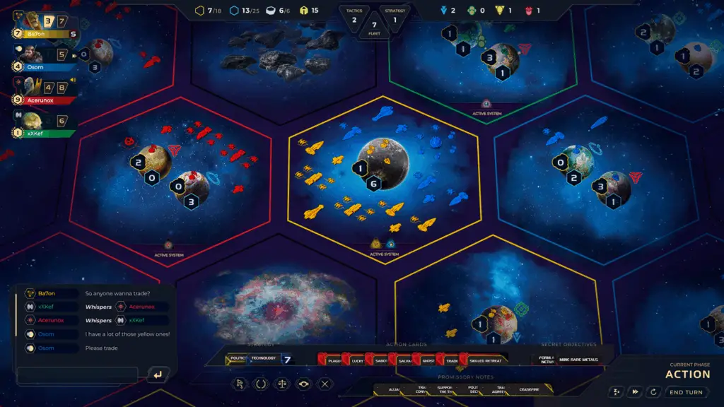 Opposed forces array in battle lines around a planet in Twilight Imperium Digital.