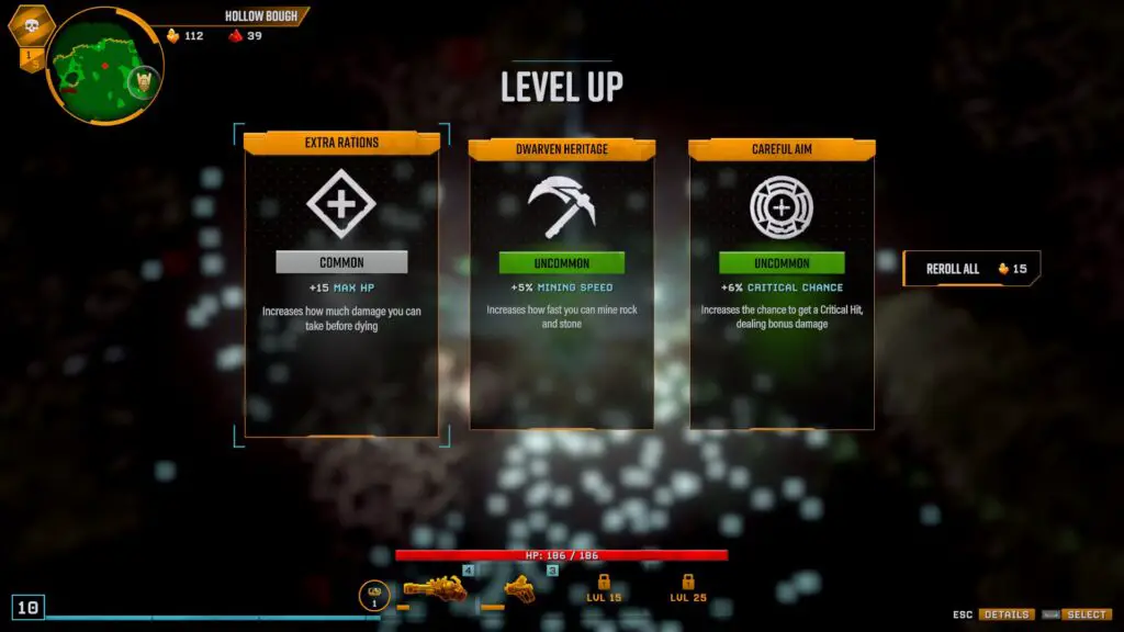 The level up screen in Deep Rock Galactic: Survivor.