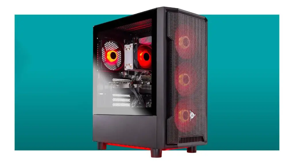A Skytech Shadow gaming PC with red lighting on a blue background