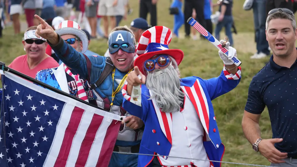 The crowd cheers on the U. S. Team during the Sunday Singles Matches at the 2020 Ryder Cup at Whistling Straits on September 26, 2021 in Kohler, Wisconsin.