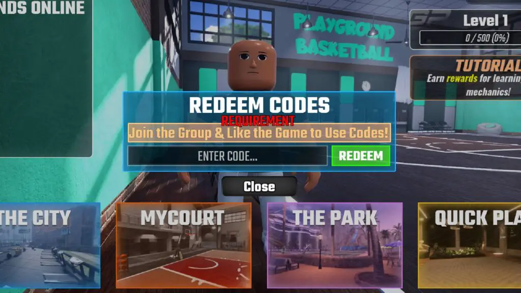 Redeem codes screen in Playground Basketball in Roblox
