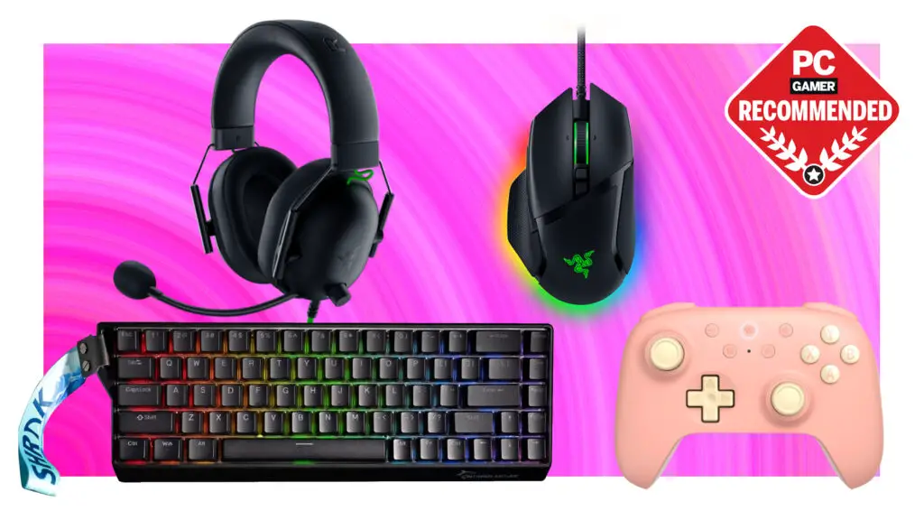 An assortment of PC peripherals on a pink background with the PC Gamer Recommended badge in the top right.
