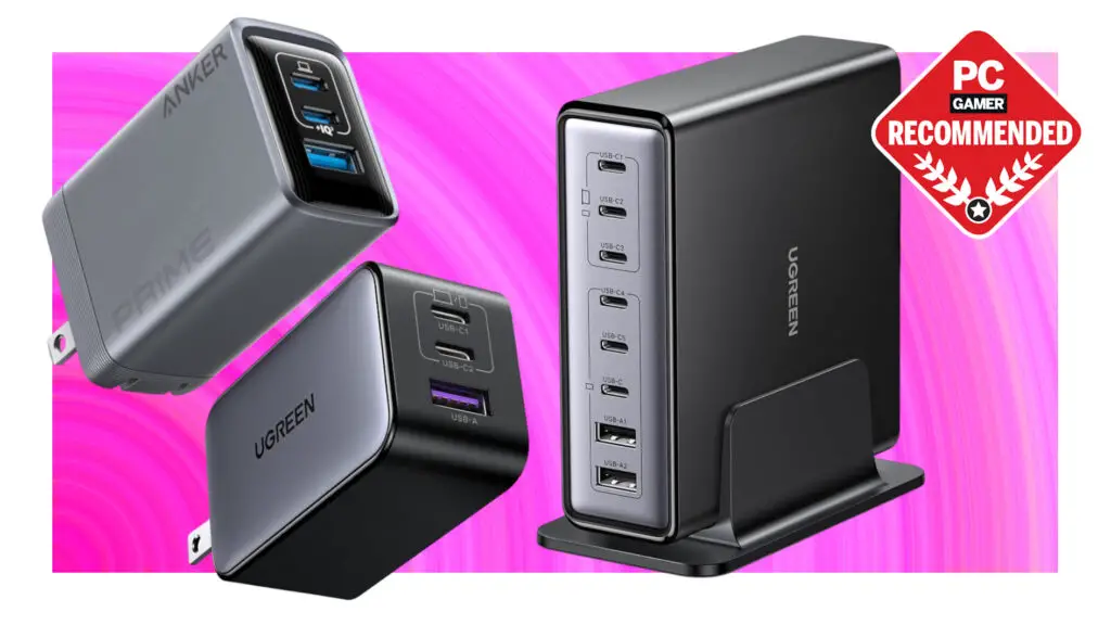A collage of USB chargers from Anker and UGREEN, against a vibrant pink background, with a PC Gamer Recommended logo in the top right corner.