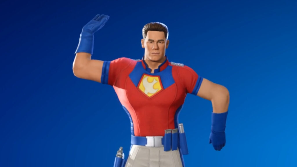 Peacemaker doing the Peaceful Hips emote.