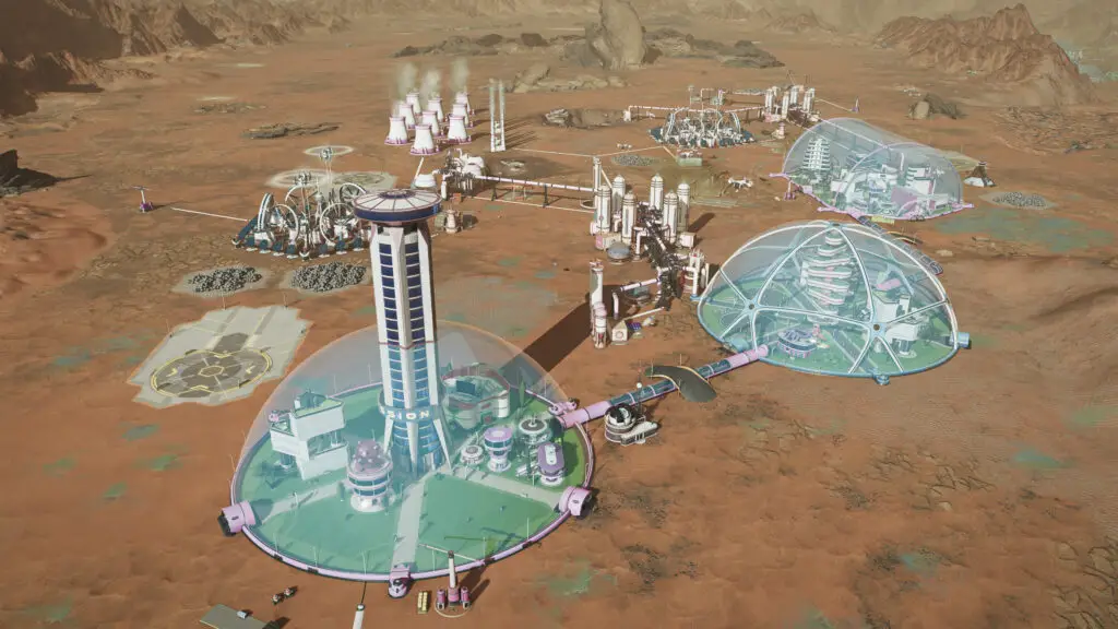 A screenshot of Surviving Mars: Relaunched, showing settlements covered by glass domes scattered across Mars' arid landscape.