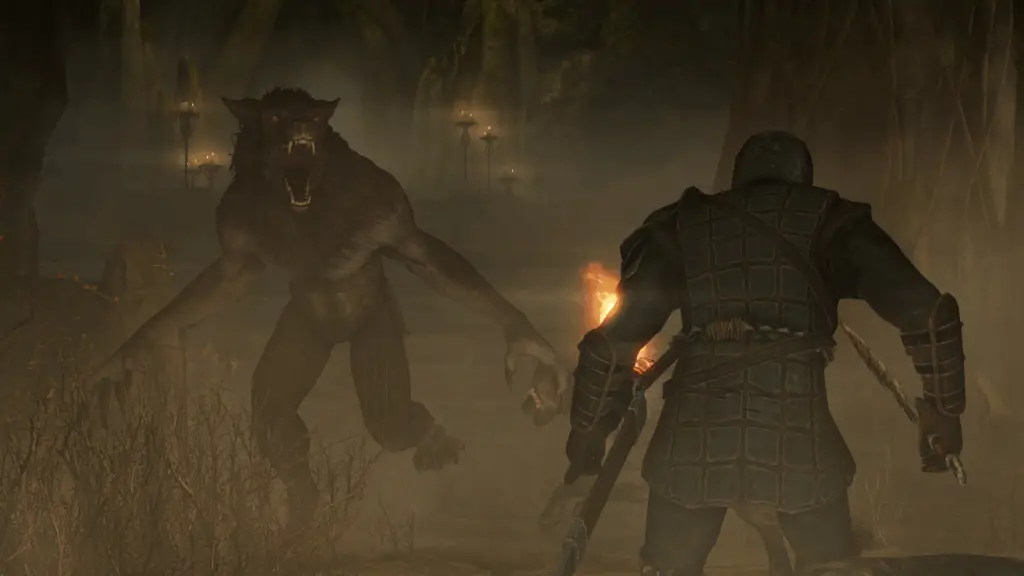 In a misty cave, a warrior and a werewolf circle one another as they prepare to fight.