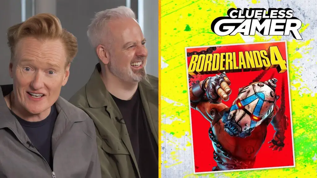 Conan O'Brien reacts humorously while playing Borderlands 4 on Clueless Gamer.