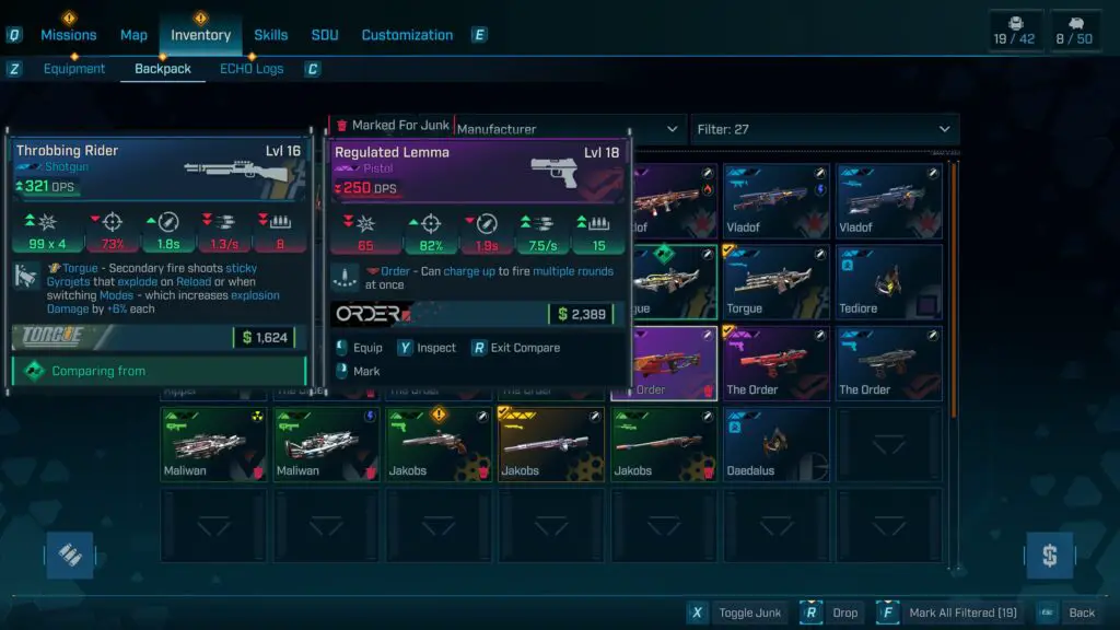 The inventory screen in Borderlands 4.