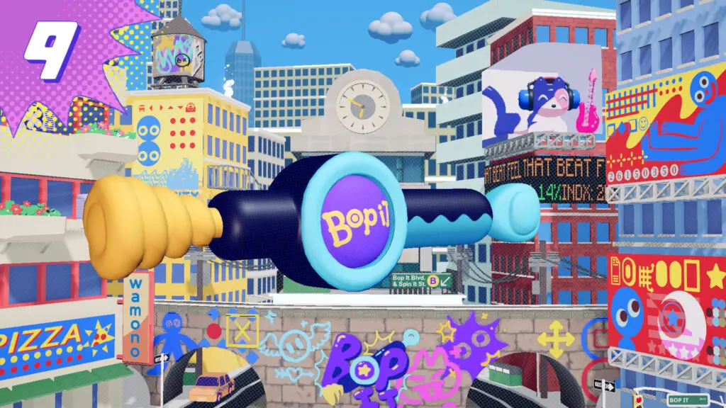 A Bop It! toy floating above a city