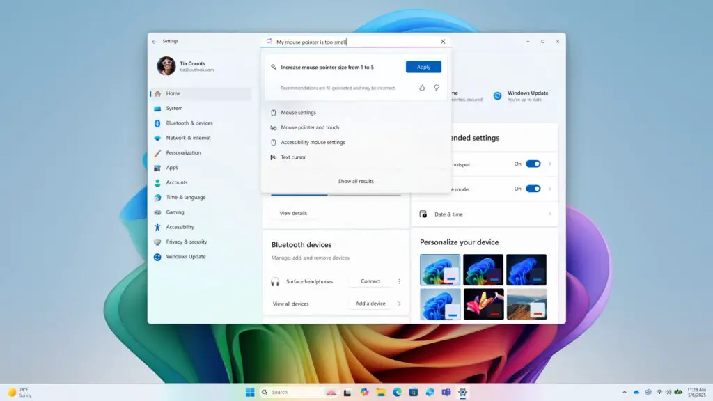 A promotional image showing a screenshot of the Windows 11 Settings app, with the AI agent powered search bar being used