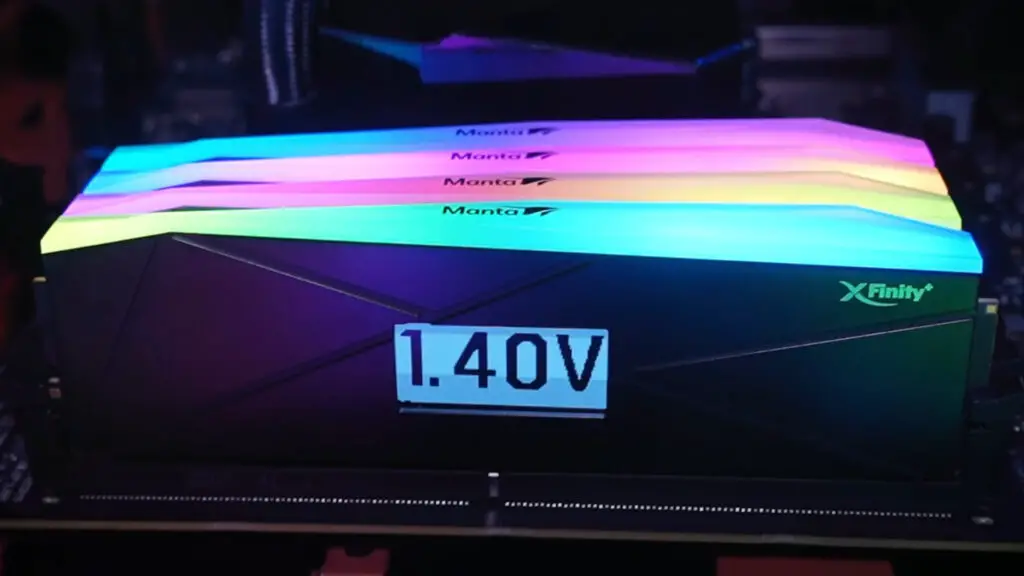 V-Color's XFinity+ DDR5 RAM with integrated OLED screen, lit up in RGB with the RAM voltage displayed on the side