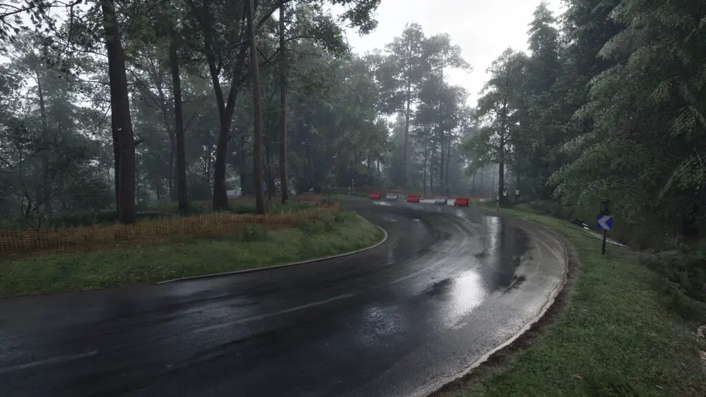 A rally car drives on a rain-slick road in Assetto Corsa Rally.