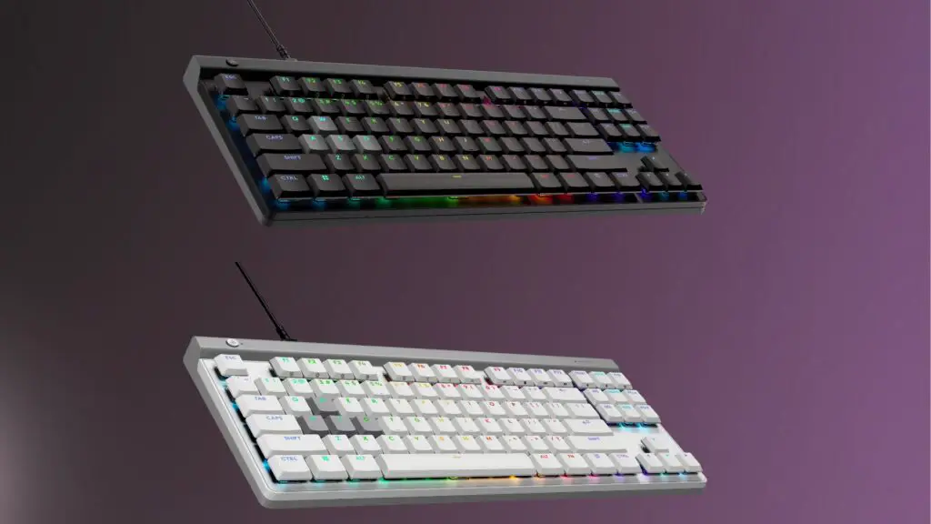 Logitech G515 Rapid TKL (in both white and black ) on a purple and black gradient