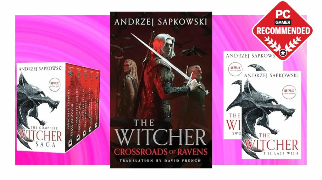 A collection of The Witcher book in front of a pink banner
