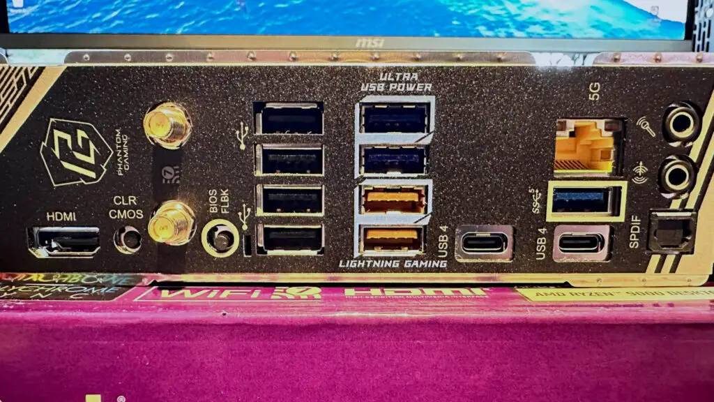 A close-up photo of the ASRock Phantom Gaming X870 Nova WIFI's rear IO panel