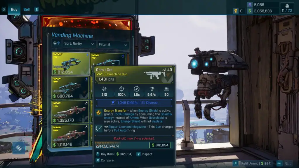 Borderlands 4 Maurice's Black Market location: The vending machine items for a player, showing various legendary guns for sale.