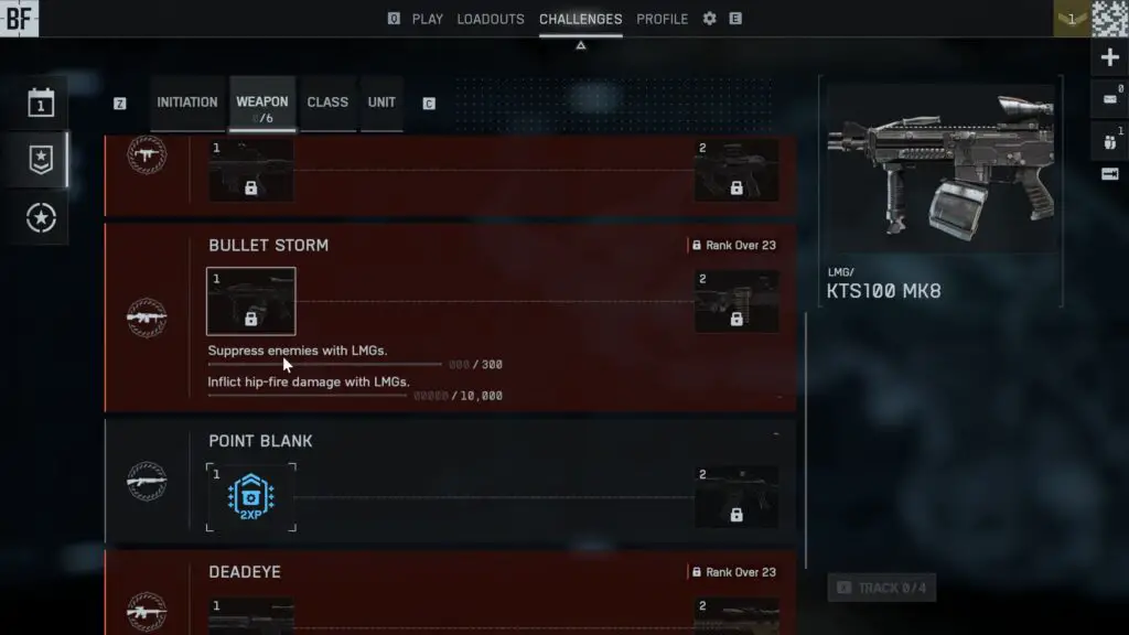 A screenshot of the Battlefield 6 menu showing the 'Bullet Storm' assignment for unlocking the KTS100 MK8 LMG.