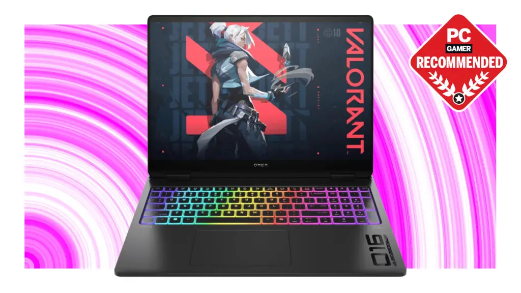 Hp Omen Max 16 RTX 5070 Ti gaming laptop on a pink deals background
