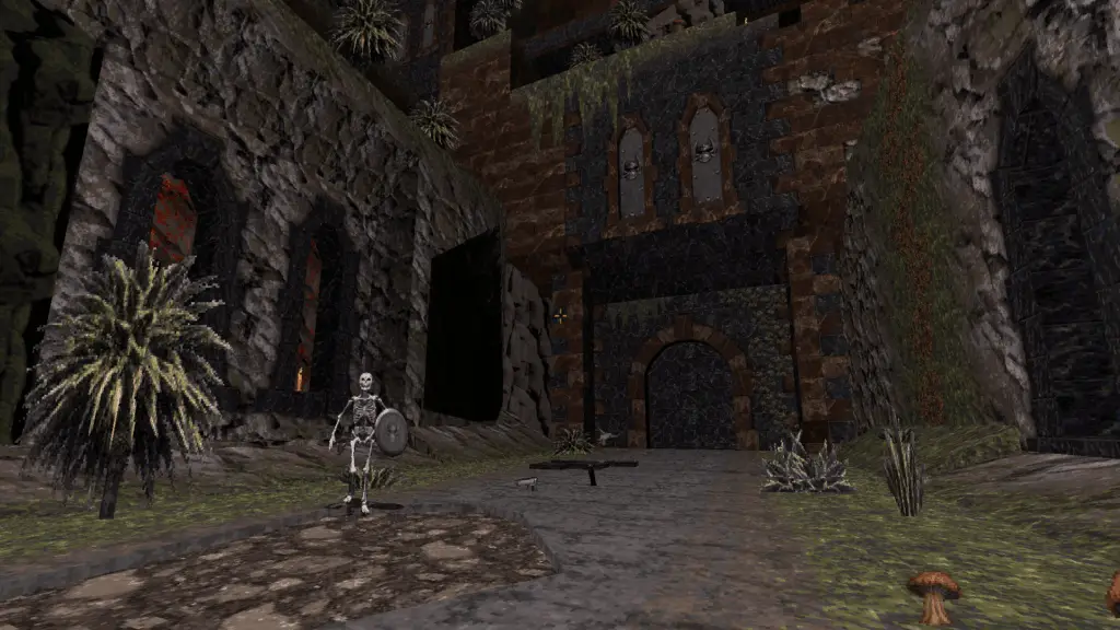A skeleton approaches the player in a stone courtyard in Duke Nukem: Horror Castle.