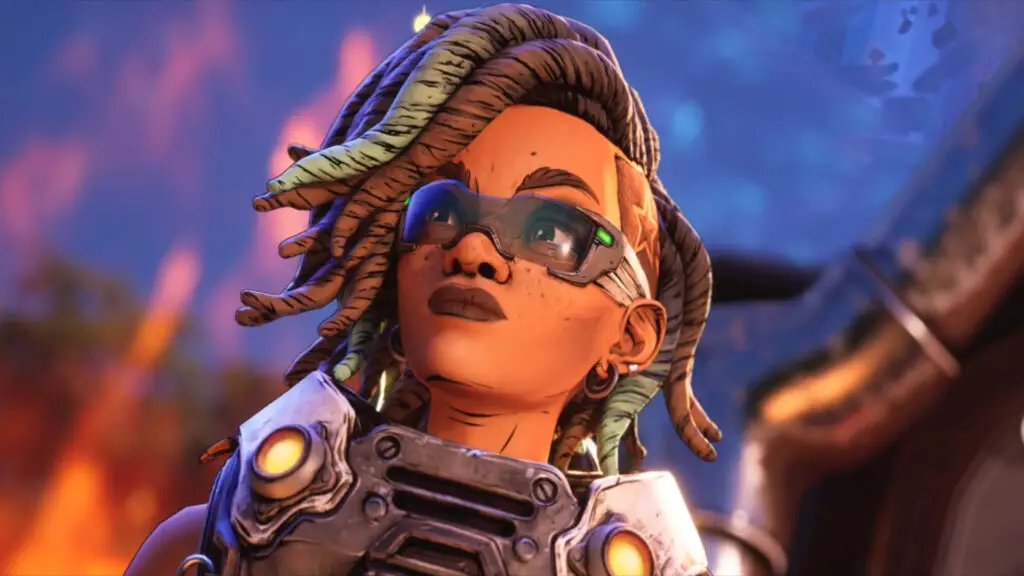 Borderlands 4 Hot Slugger location: A close-up shot of Harlowe looking to her right, casually, as an explosion goes off behind her.