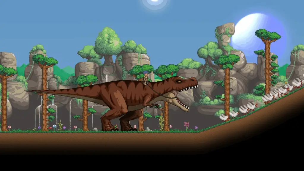 A player character's t-rex mount roars at a bunch of chickens in Planet Centauri.