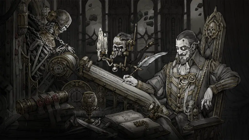 An illustration of a fantasy character writing with a quill.