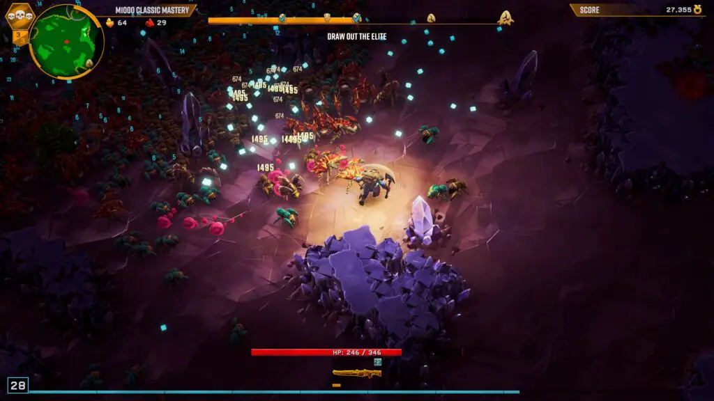 Battling a horde of bugs in Deep Rock Galactic Survivor.