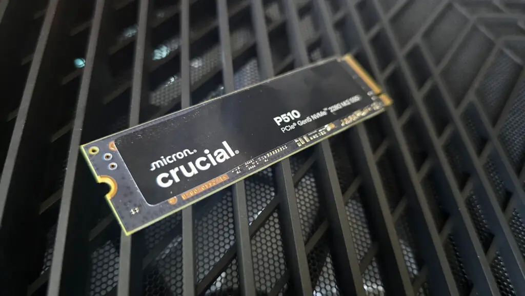 A Crucial P510 SSD installed in a gaming PC.
