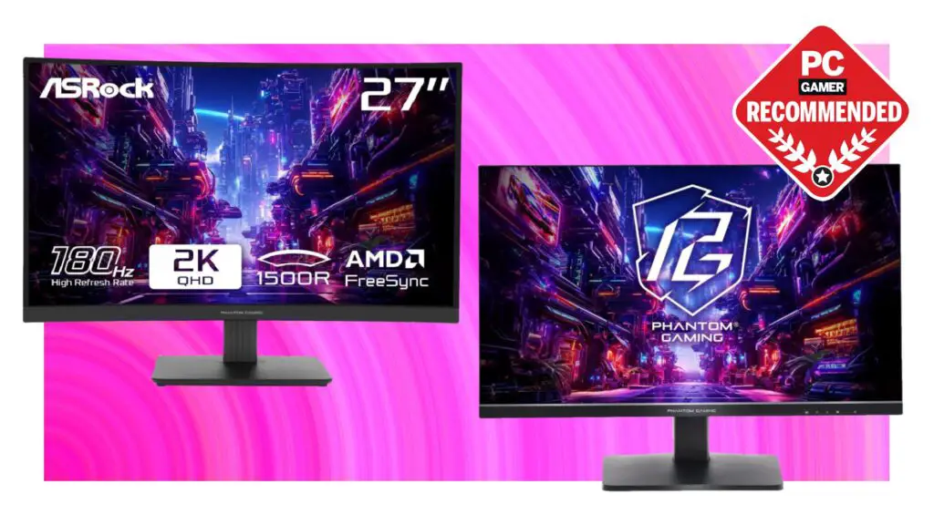 Two ASRock 1440p 180 Hz gaming monitors on a pink deals background
