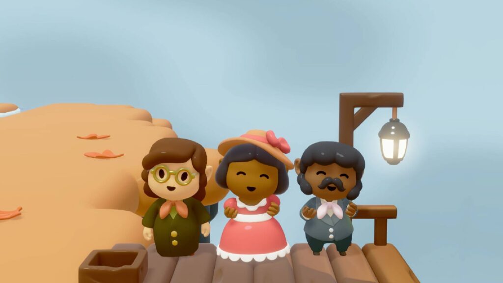 Three villagers singing at the dock in twinkleby