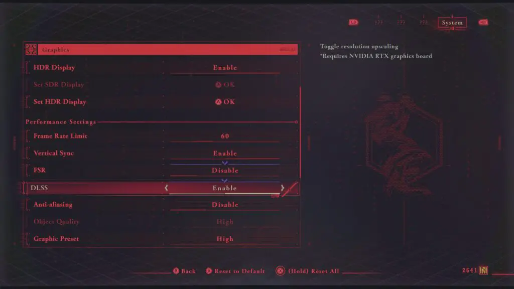 A screenshot of the Ninja Gaiden 4 settings page, showing limited DLSS options