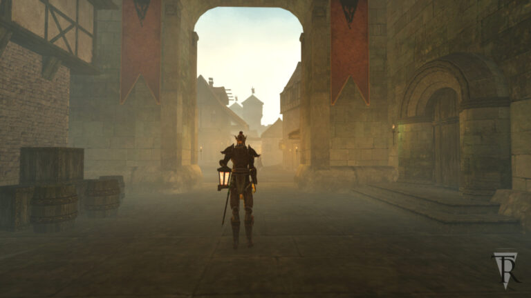 A single figure walks foggy streets with a lantern.