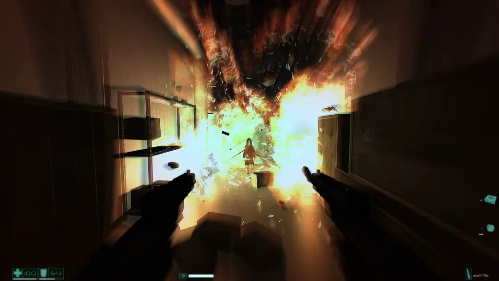 A scene from F.E.A.R., showcasing a character in dynamic slow-motion combat, highlighting the game's iconic gunplay and intense atmosphere.