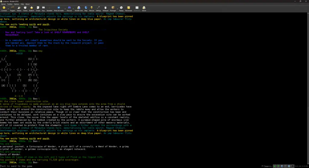 Lusternia running in Mudlet.
