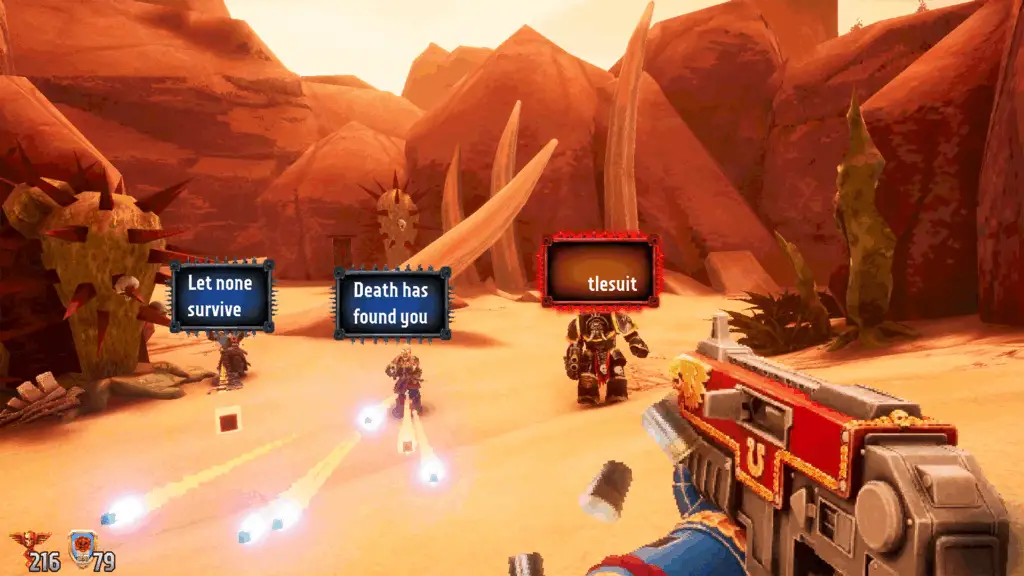 A screenshot of Warhammer 40,000 Boltgun: Words of Vengeance, showing the player fighting enemies by typing phrases into texboxes above their heads.