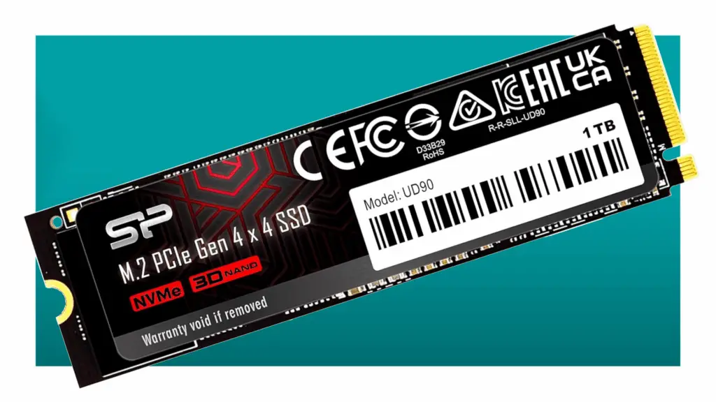 The Silicon Power 1TB UD90 SSD floats in the teal gradient PC G deal void.
