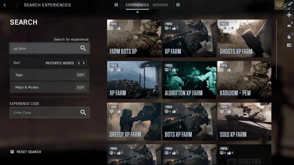 Battlefield 6 XP farm: The experiences page in Portal, showing results for various bot XP farm templates.