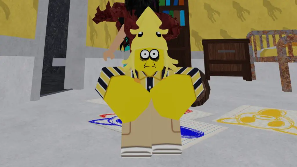 The Squid Kid from 99 Nights in the Forest, sitting scared in his room. He looks terrified, sitting wide-eyed and holding his knees with a little squid hat on. 