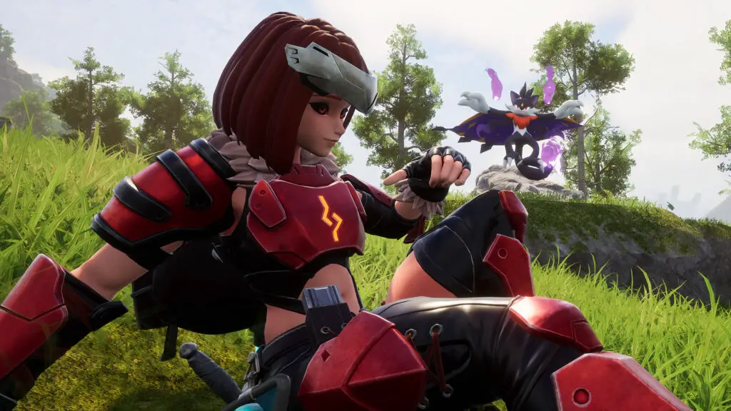 A Palworld player character sitting in the grass, wearing red metal high level armor. Behind her, you can see a Tombat in the distance. 