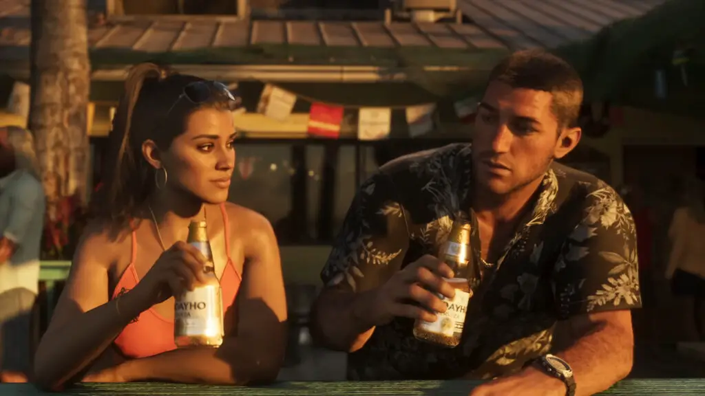Jason and Lucia sitting on a pier, enjoying a beer together in the first Grand Theft Auto 6 trailer.