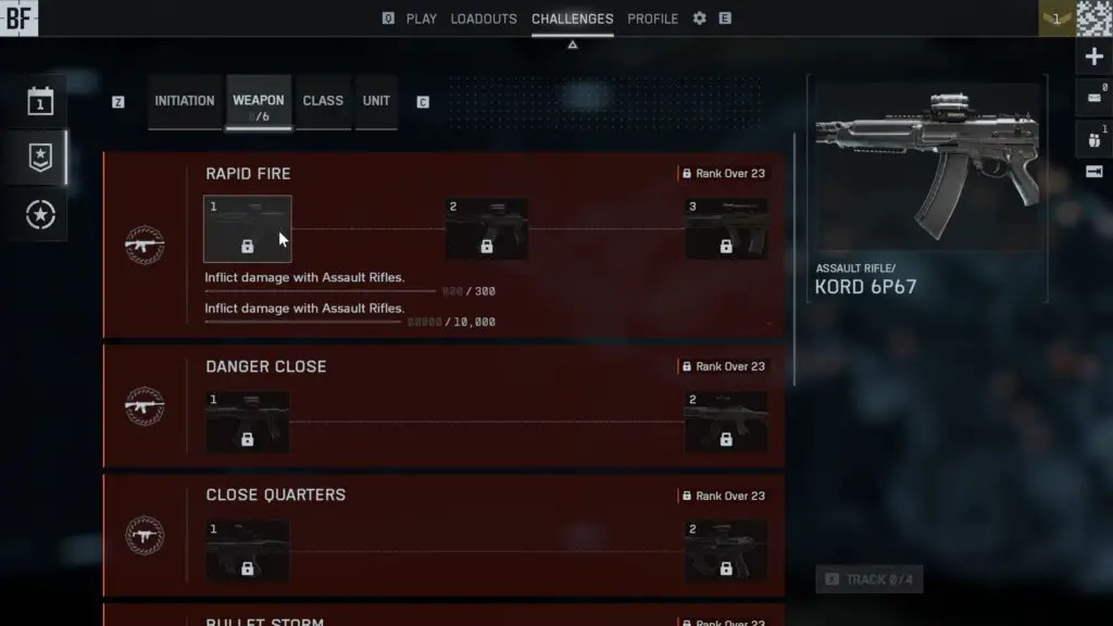 Battlefield 6 assignments not tracking: The weapon assignments screen, highlighting the Rapid Fire challenge to unlock the Kord 6P67 assault rifle.