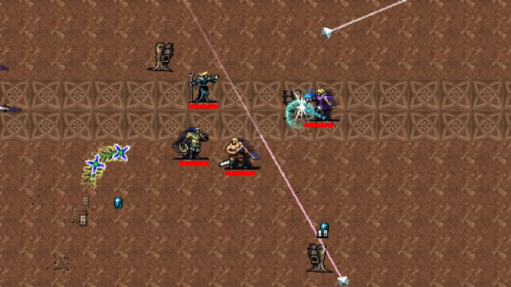 Gameplay screenshot showing four characters in Vampire Survivors' new online co-op mode.