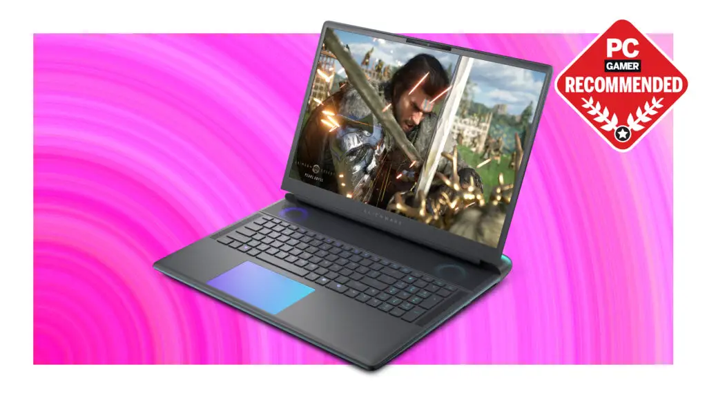 An Alienware 18 Area-51 gaming laptop on a pink deals background