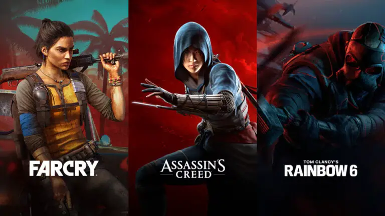 Far Cry 5, Assassin's Creed 6, and Rainbow Six key art side by side