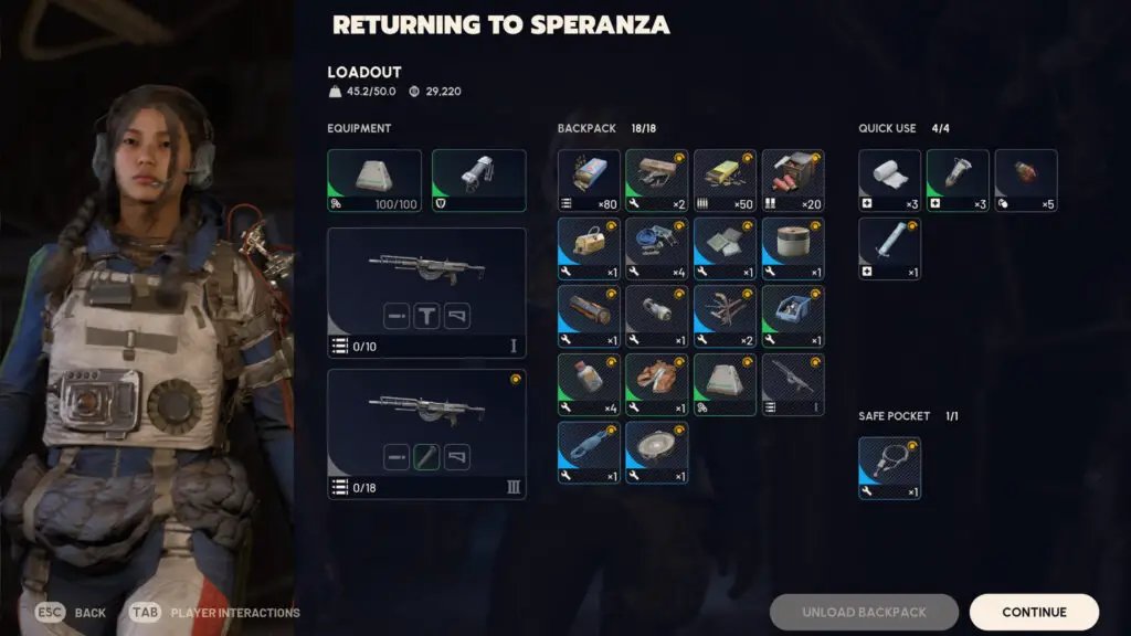 Arc Raiders: The end-of-match overview screen showing the loot the player has extracted with, and the unload backpack option in the bottom right.