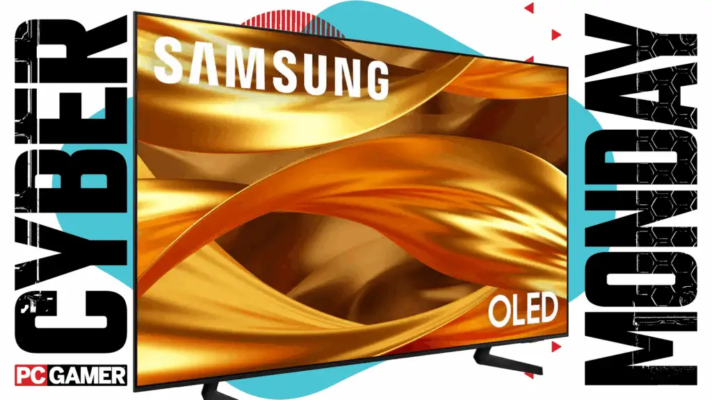 A Samsung TV screen displaying a vibrant game on a blue Cyber Monday background, highlighting a great deal.