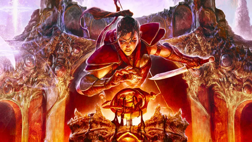 An illustration of a Diablo 4 rogue reaching out to an ancient device with a dagger behind her back.